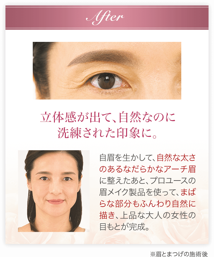 After 立体感が出て、自然なのに洗練された印象に。白眉を生かして、自然な太さのあるなだらかなアーチ眉に整えたあと。プロユースの眉メイク製品を使って、まばらな部分もふんわり自然に描き、上品な大人の女性の目もとが完成。