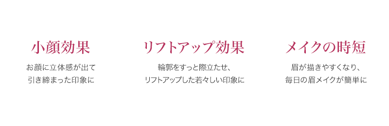 小顔効果 お顔に立体感が出て 引き締まった印象に リフトアップ効果 輪郭をすっと際立たせ、 リフトアップした 若々しい印象に  メイクの時短 眉が描きやすくなり、 毎日の眉メイクが簡単に