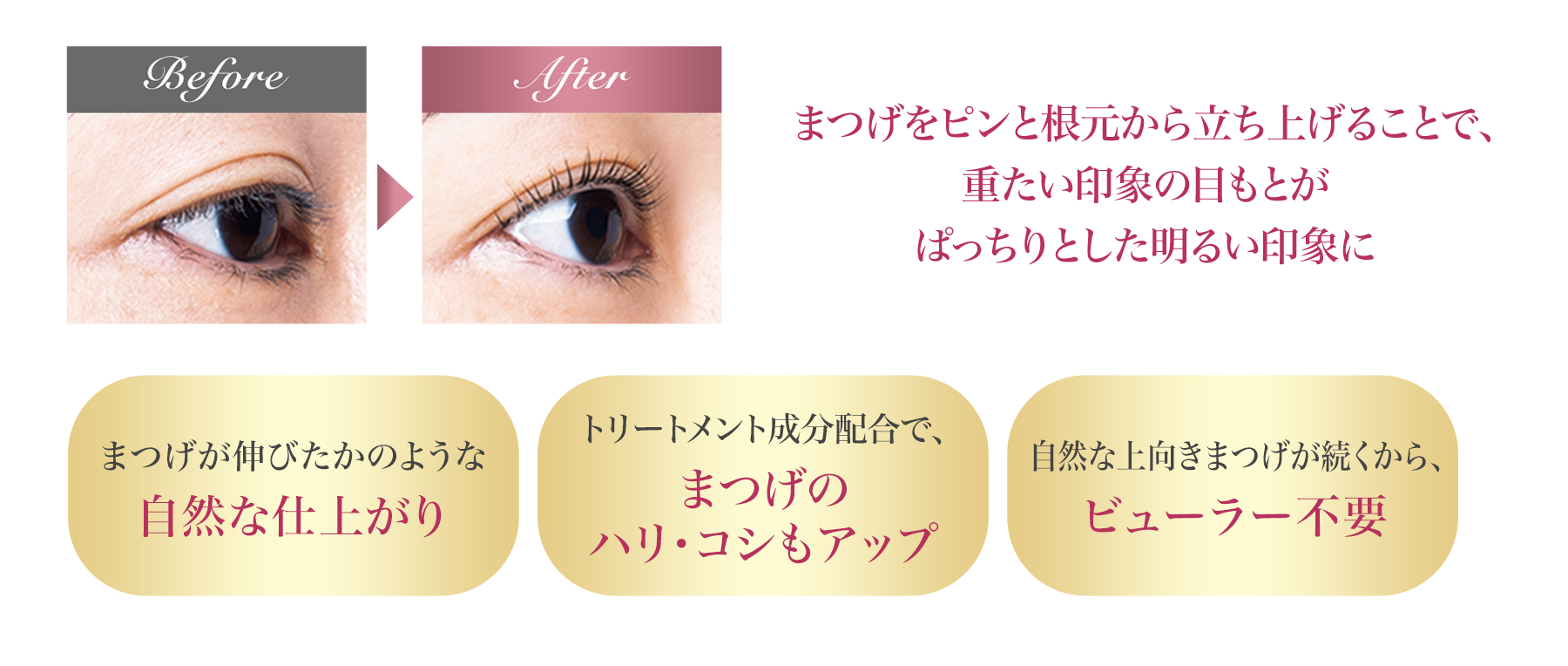 自まつげが根元から立ち上がることで、重たい印象の目もとがぱっちりとした明るい印象に自まつげが伸びたかのような自然な仕上がり トリートメント成分配合で、自まつげのハリ・コシもアップ 自然な上向きまつげが続くから、ビューラー不要